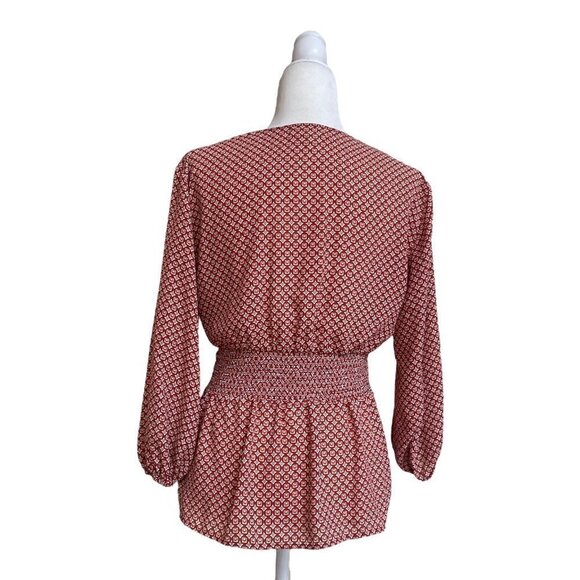 Max Studio Womens S Red Geometric Print 3/4 Balloon Sleeve Tie Front Peplum Hem - Picture 4 of 16